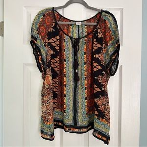 XXL short-sleeve peasant top in sheer fabric w/ bold colorful pattern
